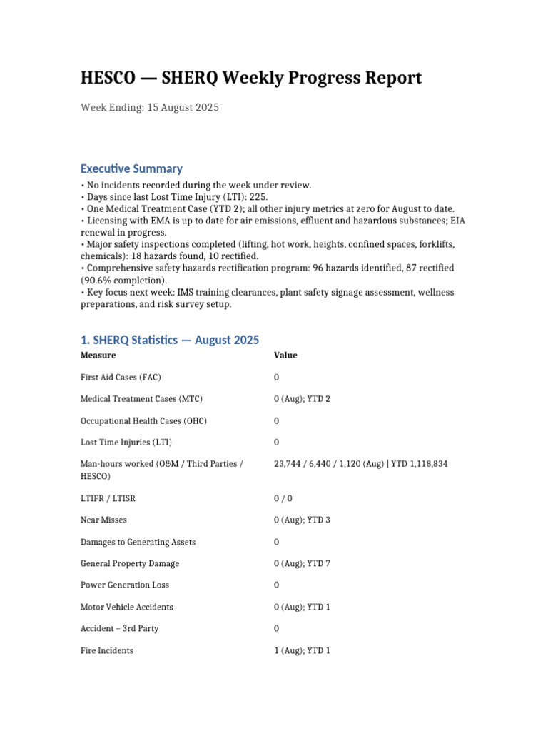 HESCO SHERQ Weekly Safety Report | PDF | Occupational Safety And Health ...