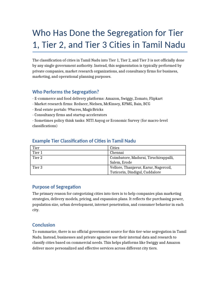 City Tier Classification in Tamil Nadu | PDF