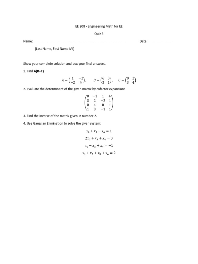 EE 208 Engineering Math Quiz 3 | PDF