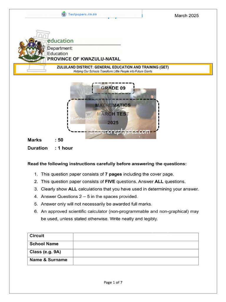 KZN Zululand Maths Grade 9 March 2025 QP and Memo | PDF