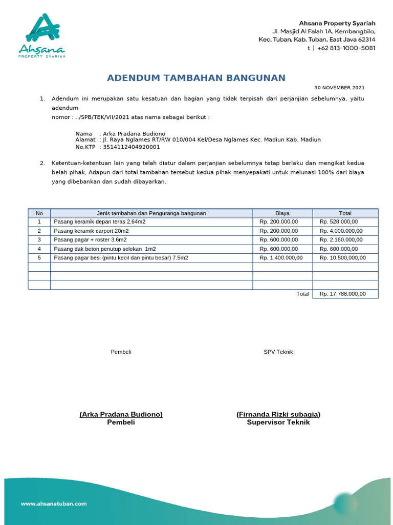 Adendum Tambahan Biaya Bangunan 2021 | PDF