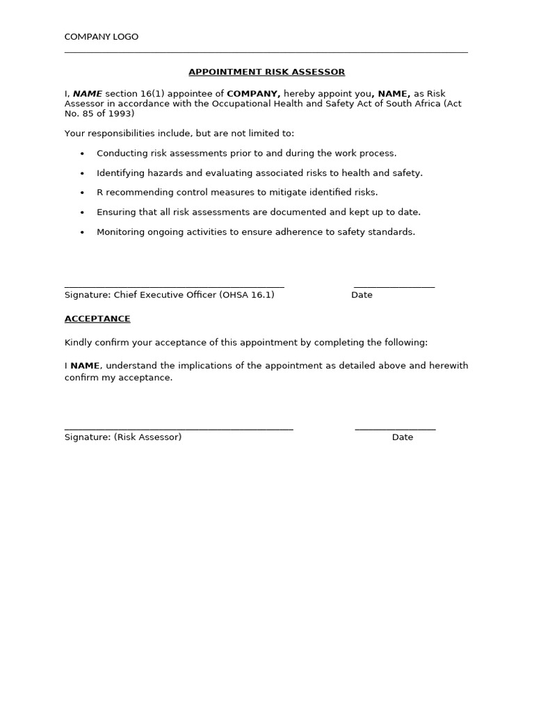 Risk Assessor Appointment Letter | PDF