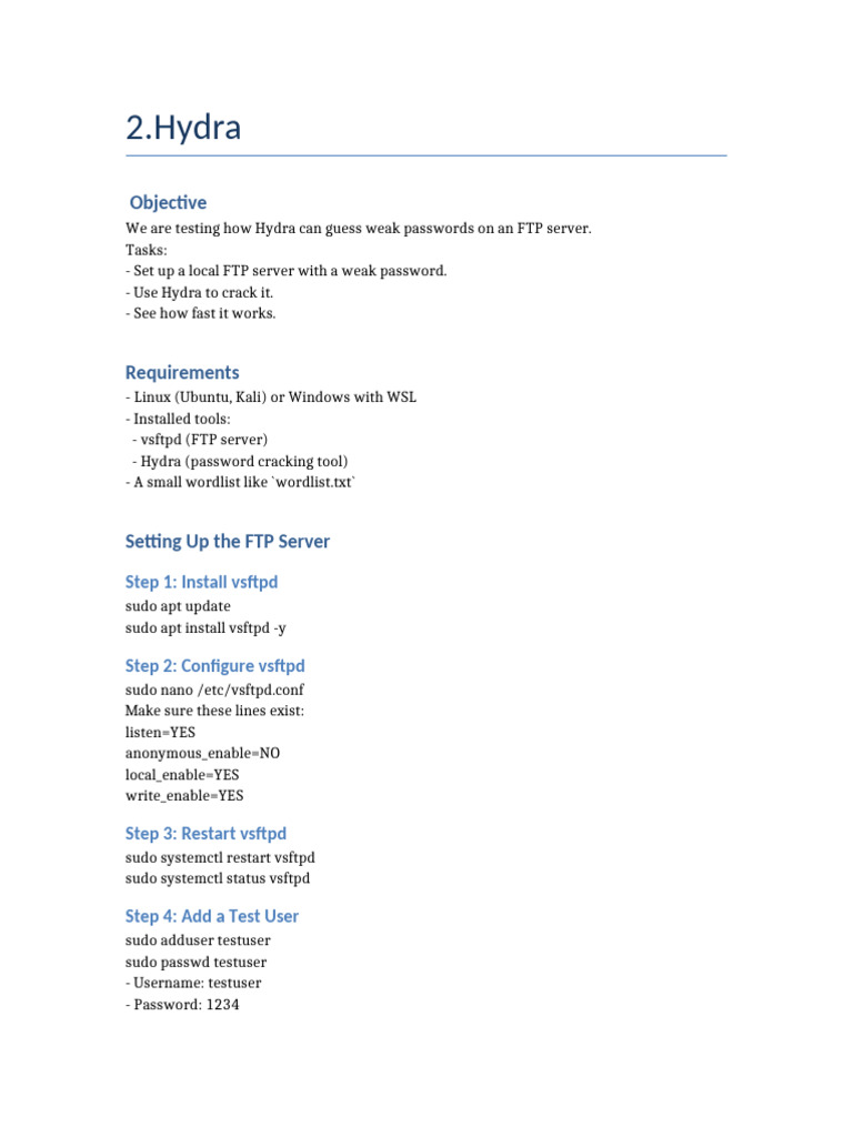 Test Hydra for Cracking FTP Passwords | PDF