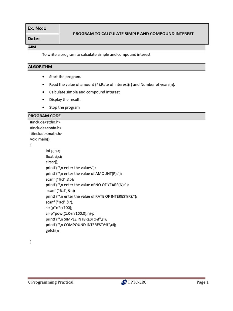 C Program for Interest and Area Calculations | PDF | Matrix ...