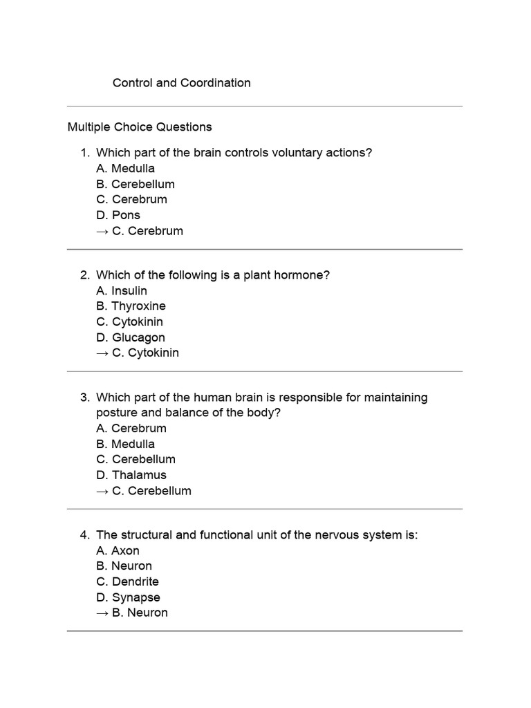 Control and Coordination Quiz Questions | PDF | Hormone | Central ...