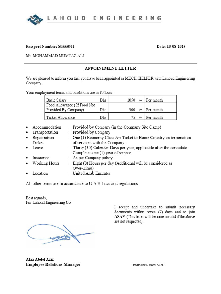 Appointment Letter for Mech. Helper Position | PDF