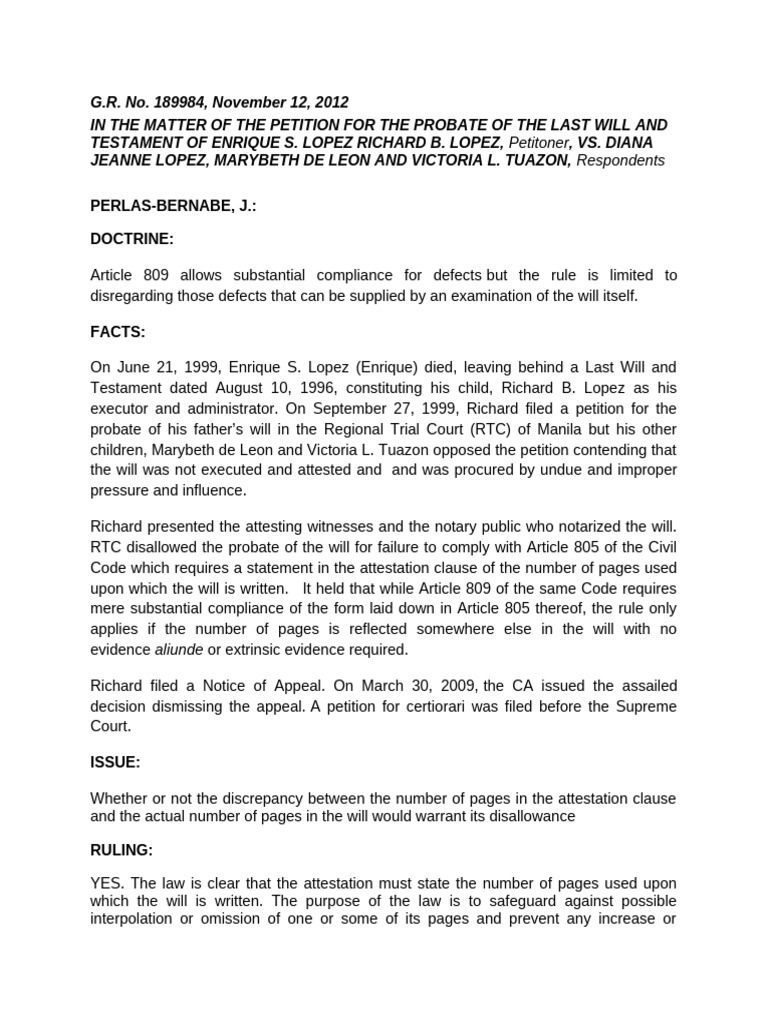 Probate Dispute: Enrique S. Lopez Will | PDF | Probate | Notary Public
