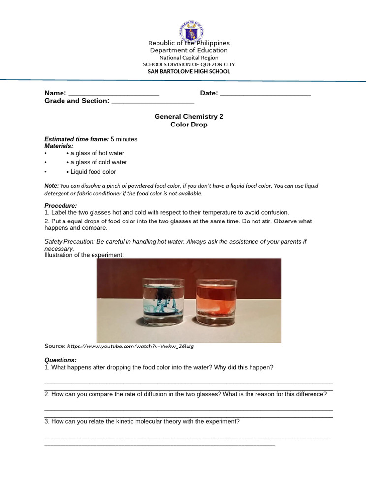Chemistry Experiment: Color Diffusion Test | PDF