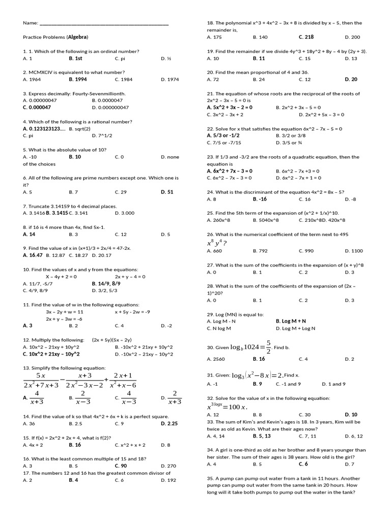 Algebra Practice Problems and Solutions | PDF | Numbers | Mathematical ...