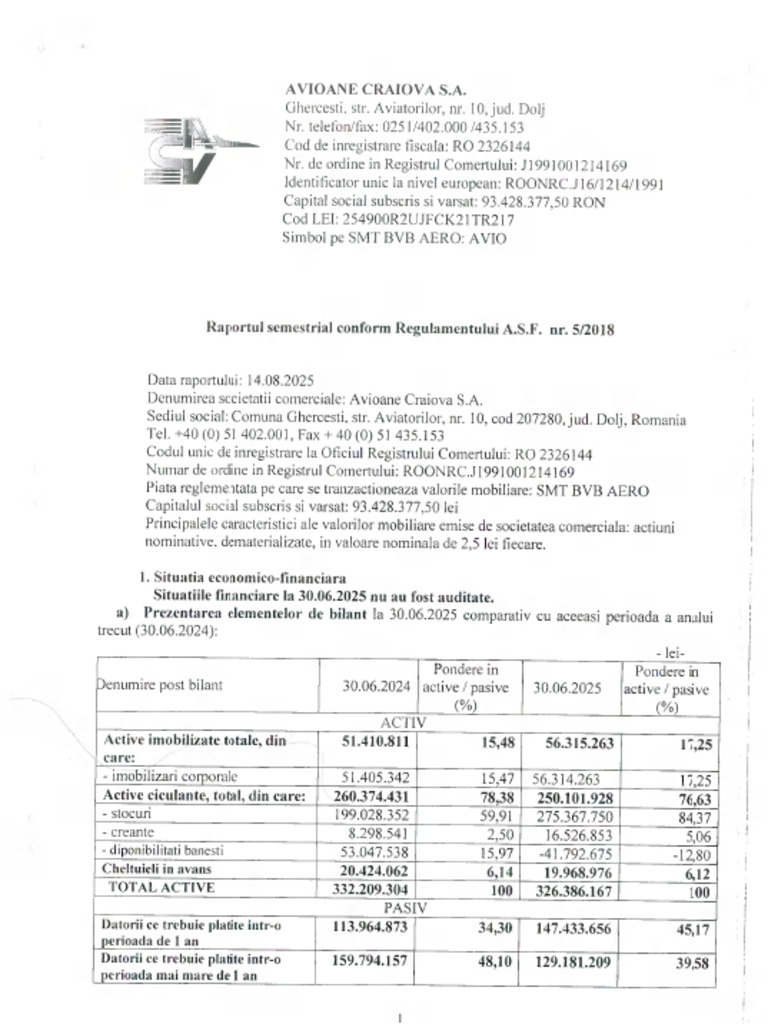 AVIO - 20250814125332 - Raport Semestrial A S F 2025 | PDF