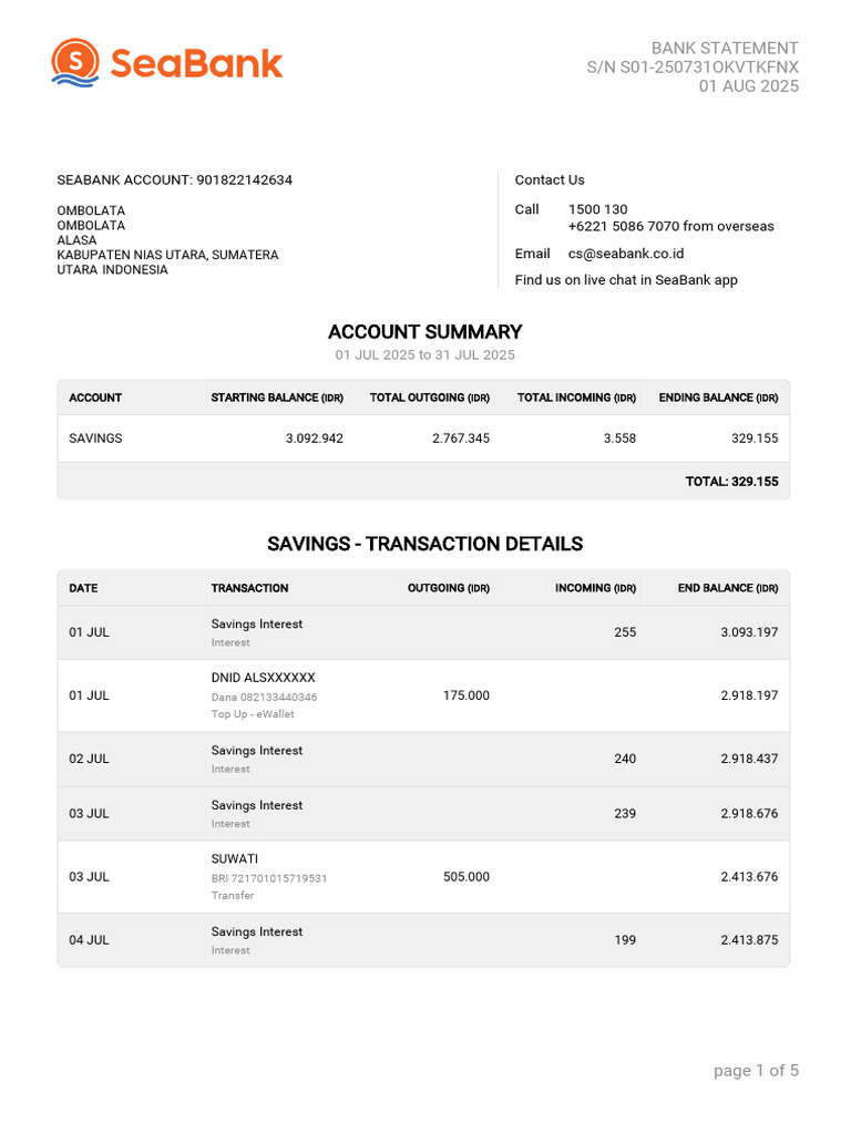 SeaBank July 2025 Statement | PDF | Business | Money