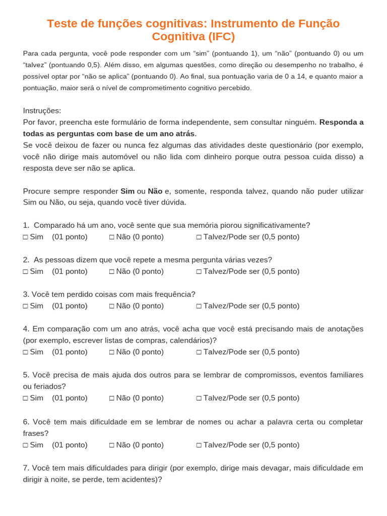 Teste de Funções Cognitivas: IFC | PDF