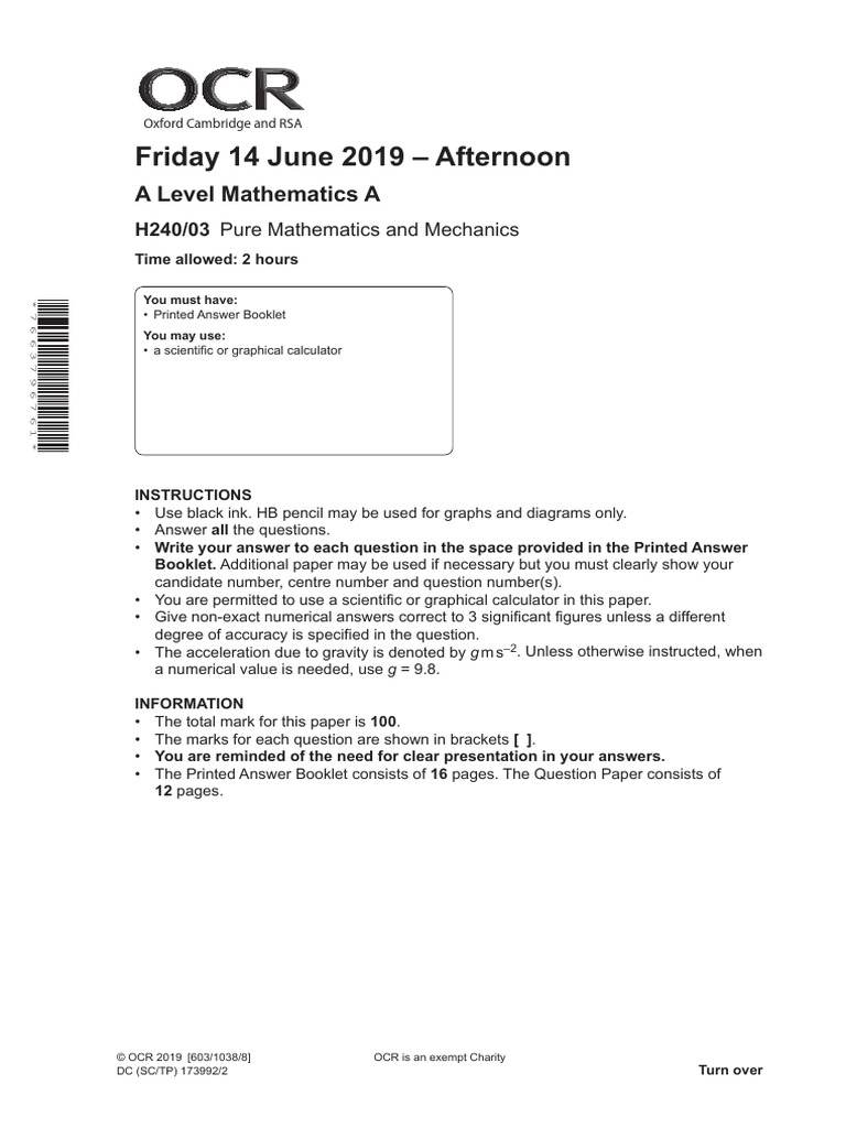 A Level Mathematics A Exam Paper 2019 | PDF | Force | Velocity