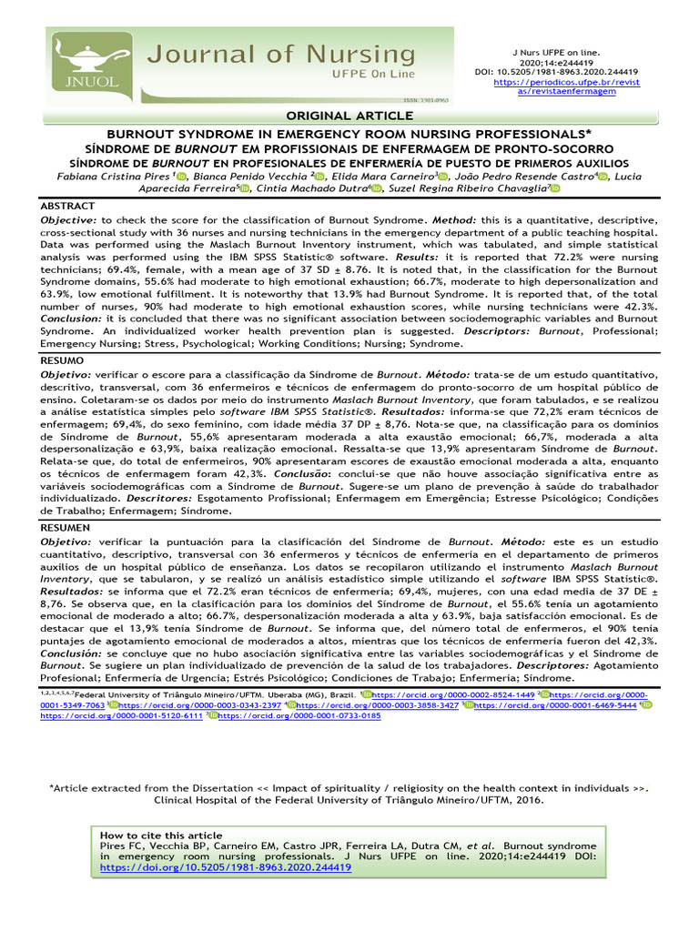 Burnout Syndrome in Emergency Nurses | PDF | Occupational Burnout | Nursing