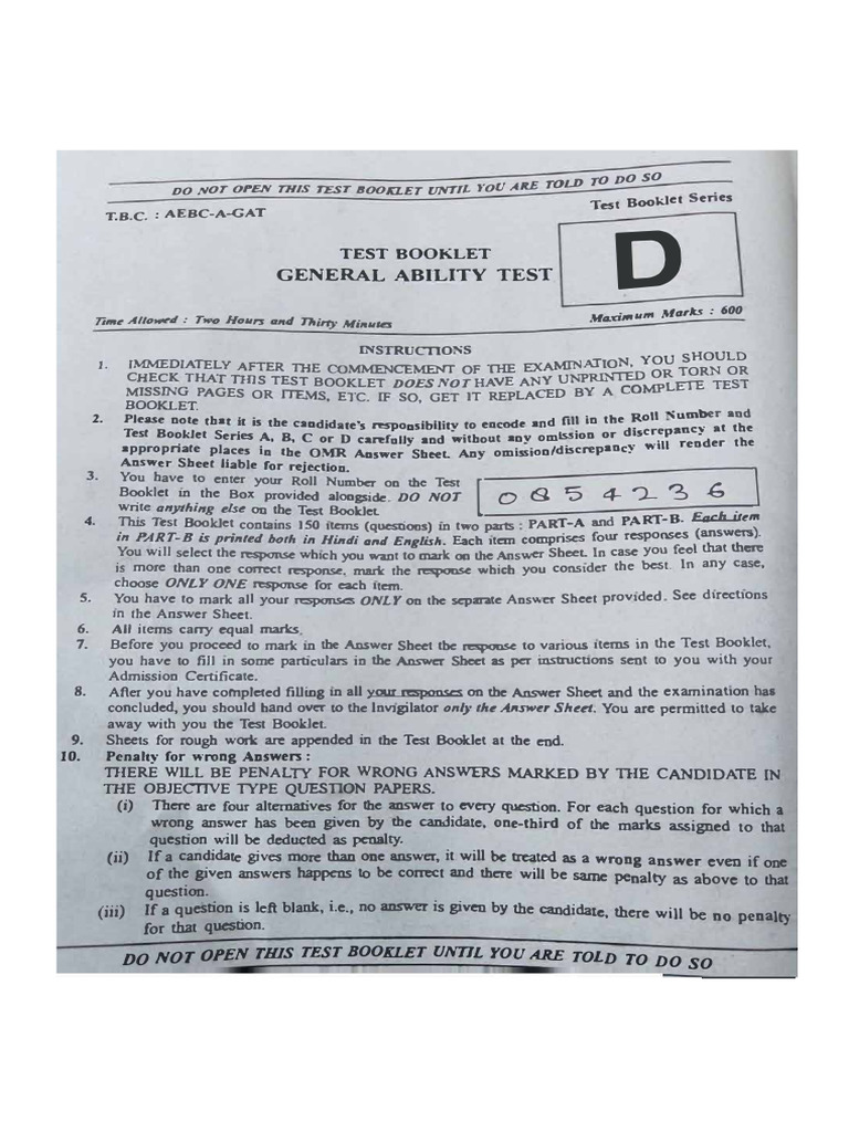 General Ability Test Instructions | PDF