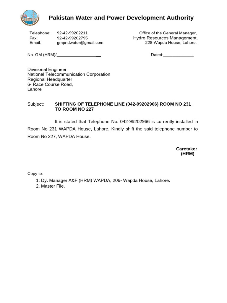 Request to Shift Telephone Line in WAPDA | PDF