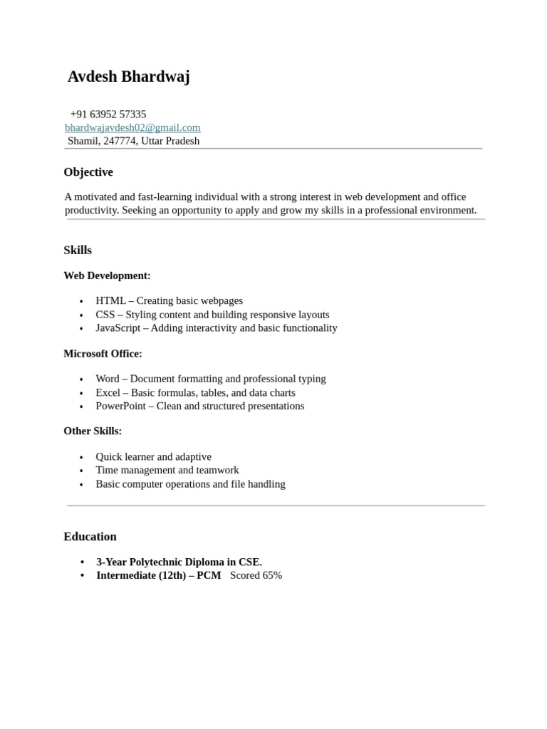 Web Development Skills Resume | PDF