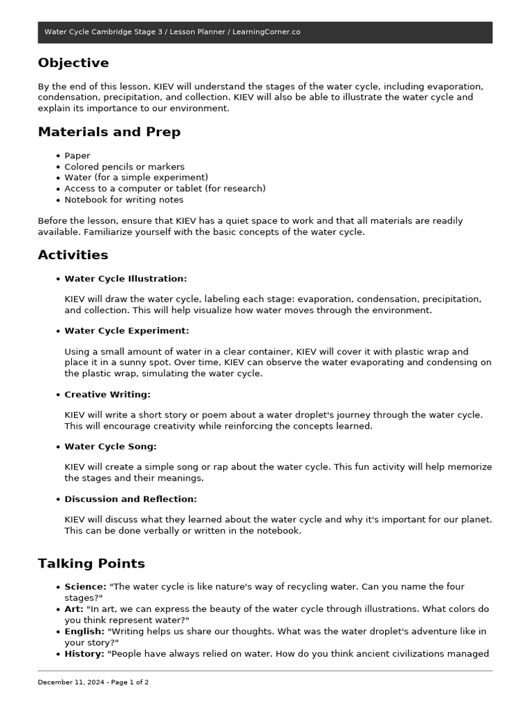 Water Cycle Lesson Plan for Kids | PDF | Water Cycle | Water