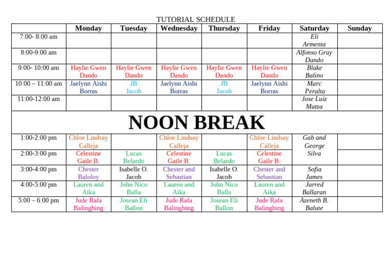 Gaile Balino Tutorial Schedule | PDF