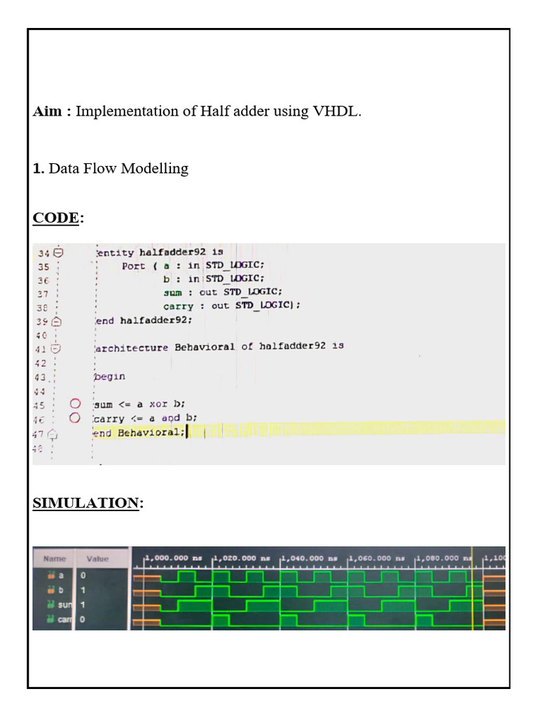 Half Adder Implementation in VHDL | PDF