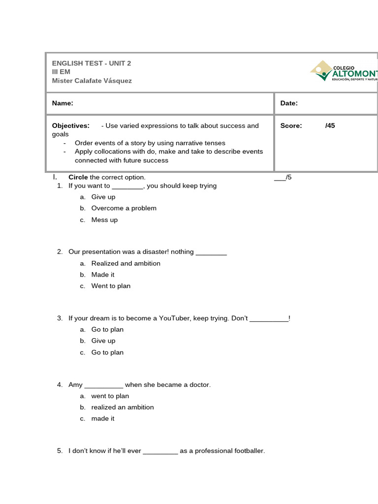 English Test Unit 2: Success and Goals | PDF