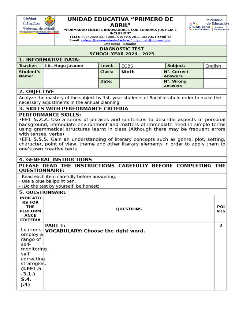 Diagnostic English Test for Ninth Grade | PDF | Subject (Grammar ...