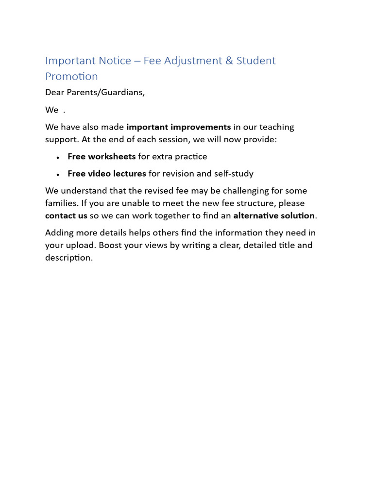 Fee Adjustment & Support Updates | PDF