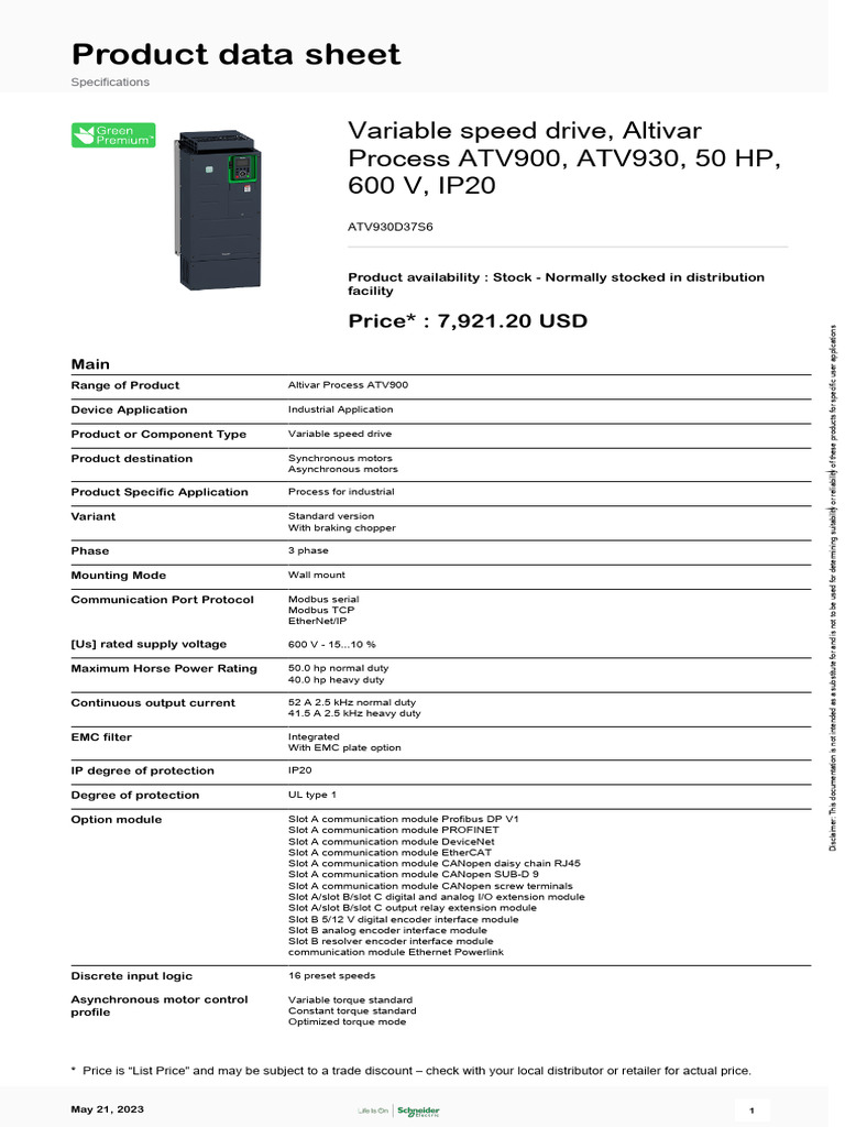 Altivar Process 930 Variable Frequency Drives VFD - ATV930D37S6 | PDF ...