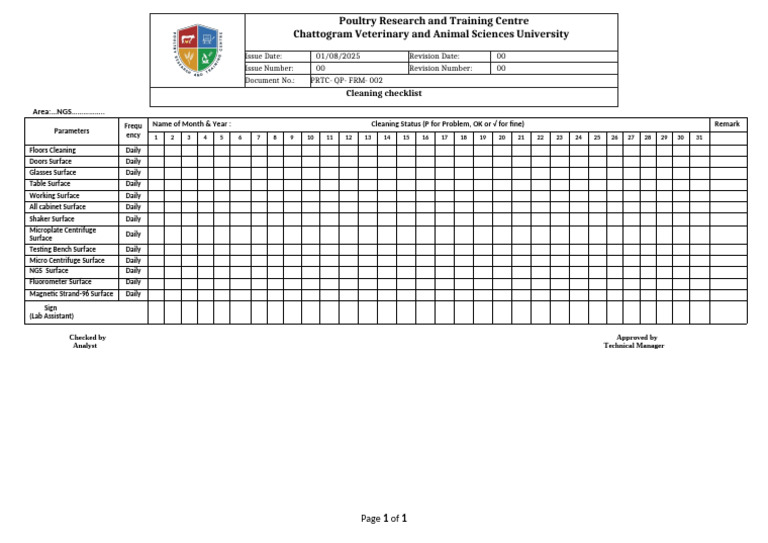 NGS - Laboratory Cleaning Checklist (Need To Modify As Per Lab) | PDF