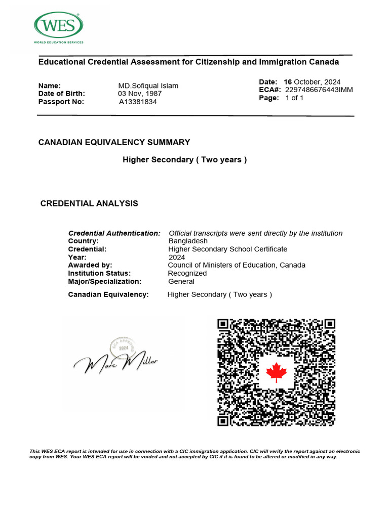 WES ECA Report for CIC Immigration | PDF