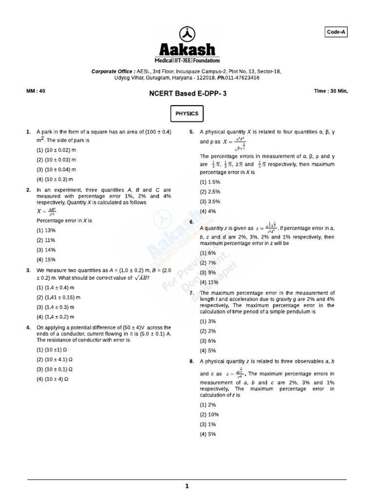 Xi Phy DPP 03 Chapter 01 | PDF