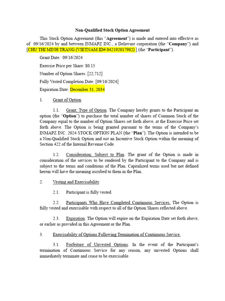 Non-Qualified Stock Option Agreement | PDF | Legal Remedy | Securities ...