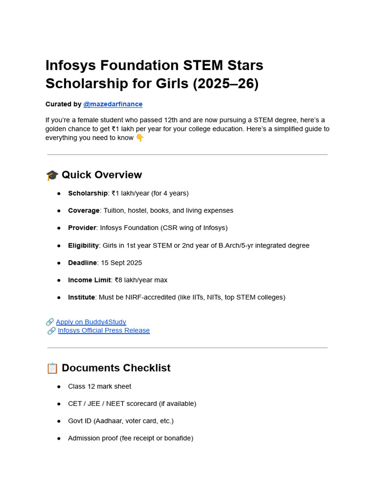 Infosys Foundation STEM Stars Scholarship Program Mazedarfinance | PDF ...