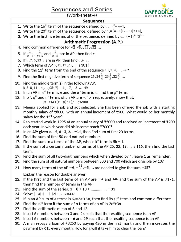 Sequences and Series Worksheet for Class 3 | PDF | Mathematical ...