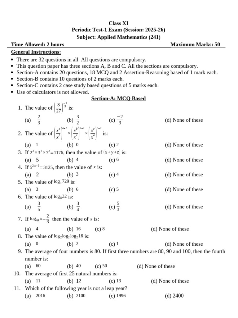 Class-XI Applied Maths-PT1 | PDF
