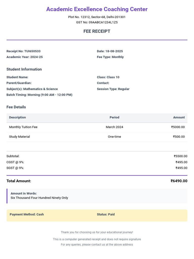 Class 10 Monthly Fee Receipt | PDF