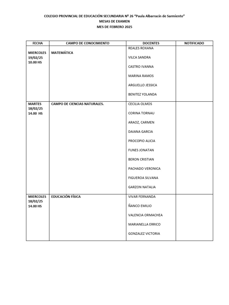 Mesas de Examen Febrero 2025 - Colegio 26 | PDF