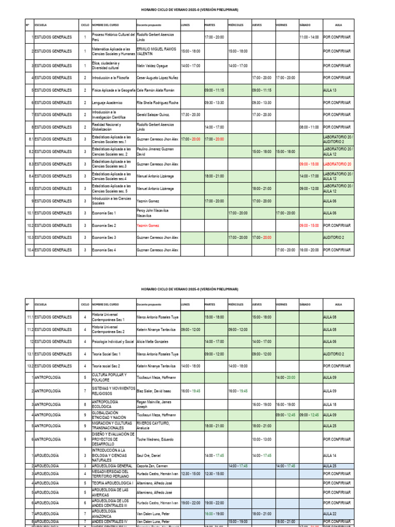 2025 0 Horario Preliminar | PDF | Educación en artes liberales | Science