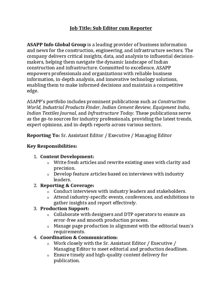 Sub Editor cum Reporter Job Overview | PDF