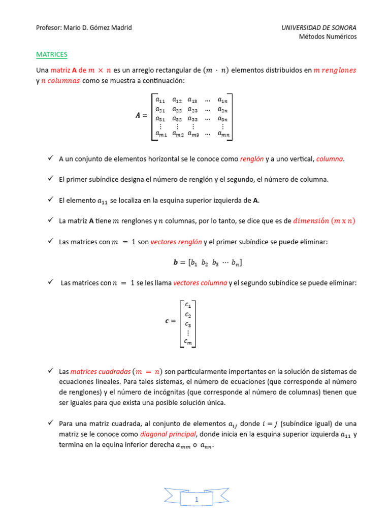 Matrices Metodos Numericos | PDF | Matriz (Matemáticas) | Determinante