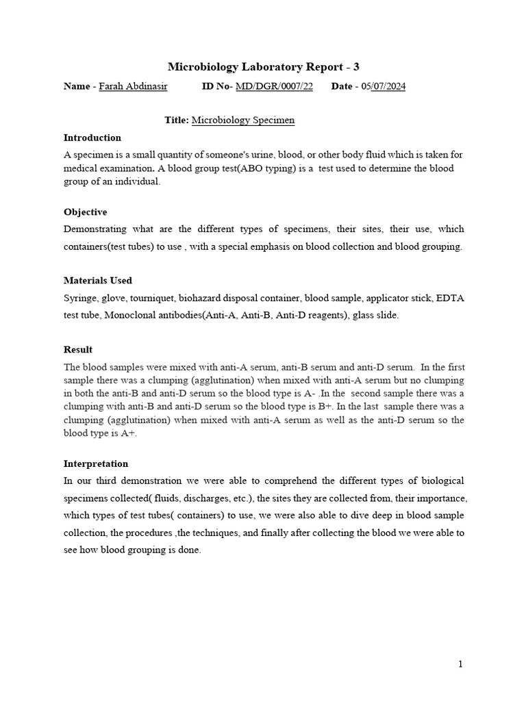 Blood Specimen Collection and Grouping | PDF