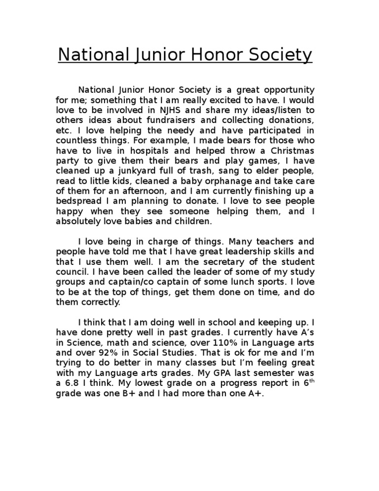 essay for junior honor society