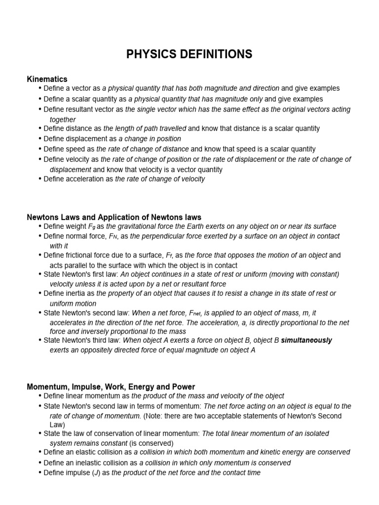 Key Physics Definitions and Concepts | PDF | Force | Momentum