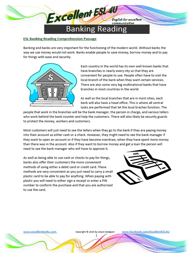 ESL Banking Reading Comprehension Guide | PDF | Banks | Money
