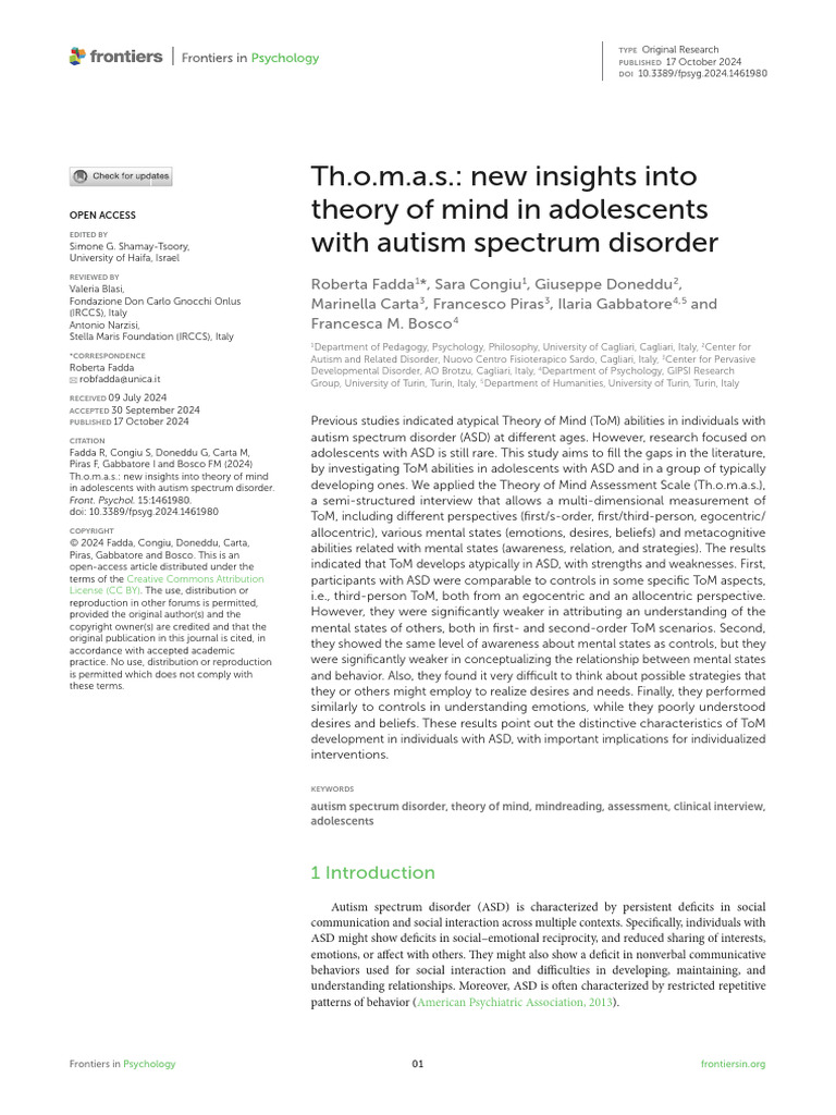 Insights on Theory of Mind in ASD Adolescents | PDF | Autism | Theory ...