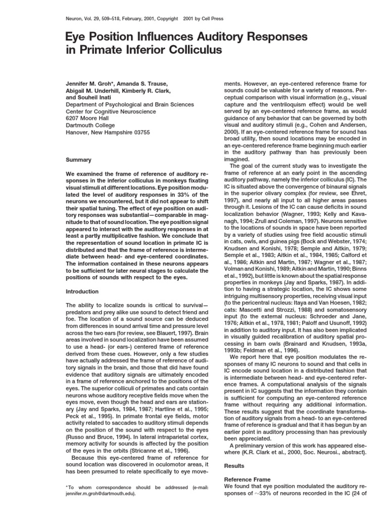 Eye Position Influences Auditory Responses in Primate Inferior ...
