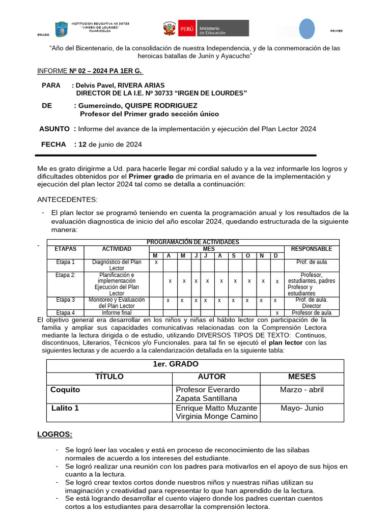 Informe sobre Plan Lector 2024 Primer Grado | PDF | Ciencia cognitiva ...