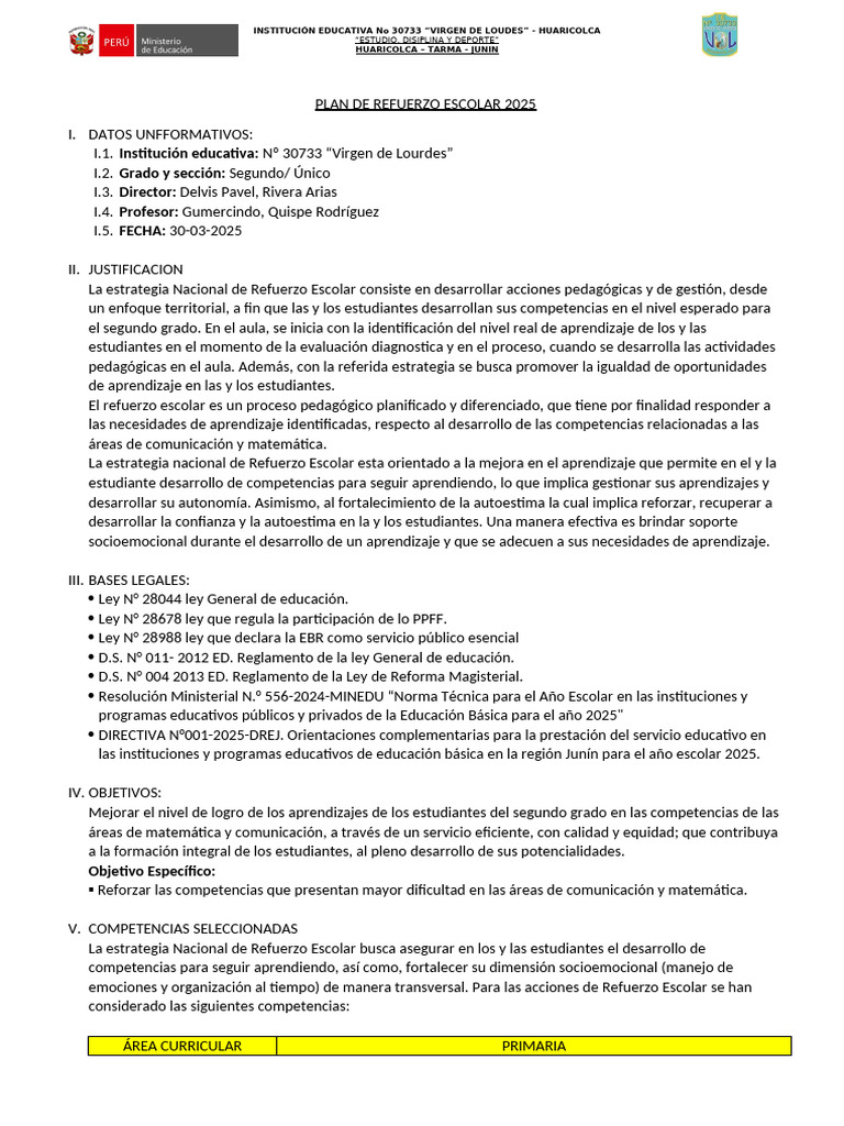 Plan de Refuerzo Escolar 2025 en Huaricolca | PDF | Aprendizaje ...