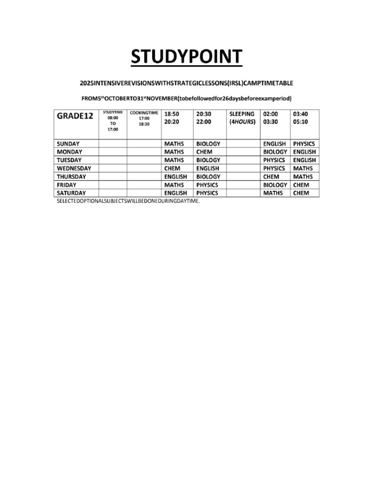 Camper's Study Timetable | PDF