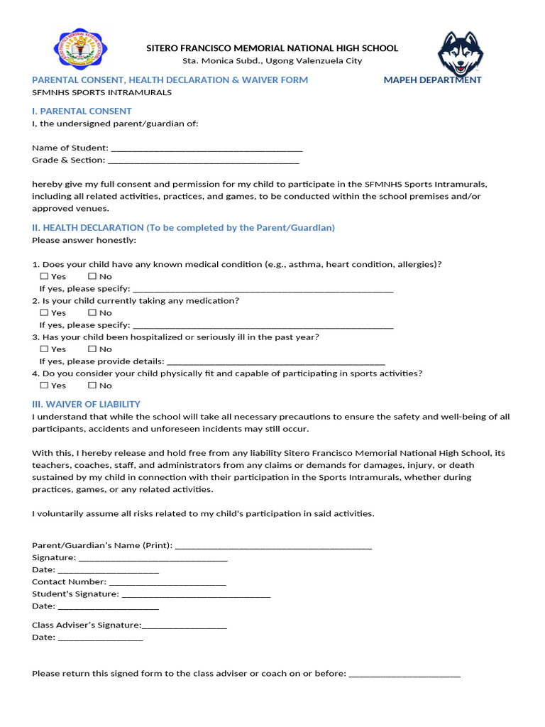 SFMNHS Sports Intramurals Consent Form | PDF